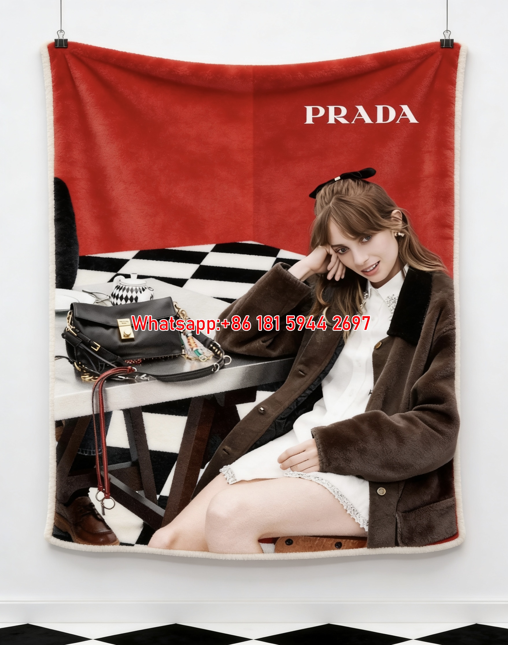 Prada Red Black Checkerboard Print Flannel Throw Blanket Luxury Designer Sofa Cover Blanket IMG_2852